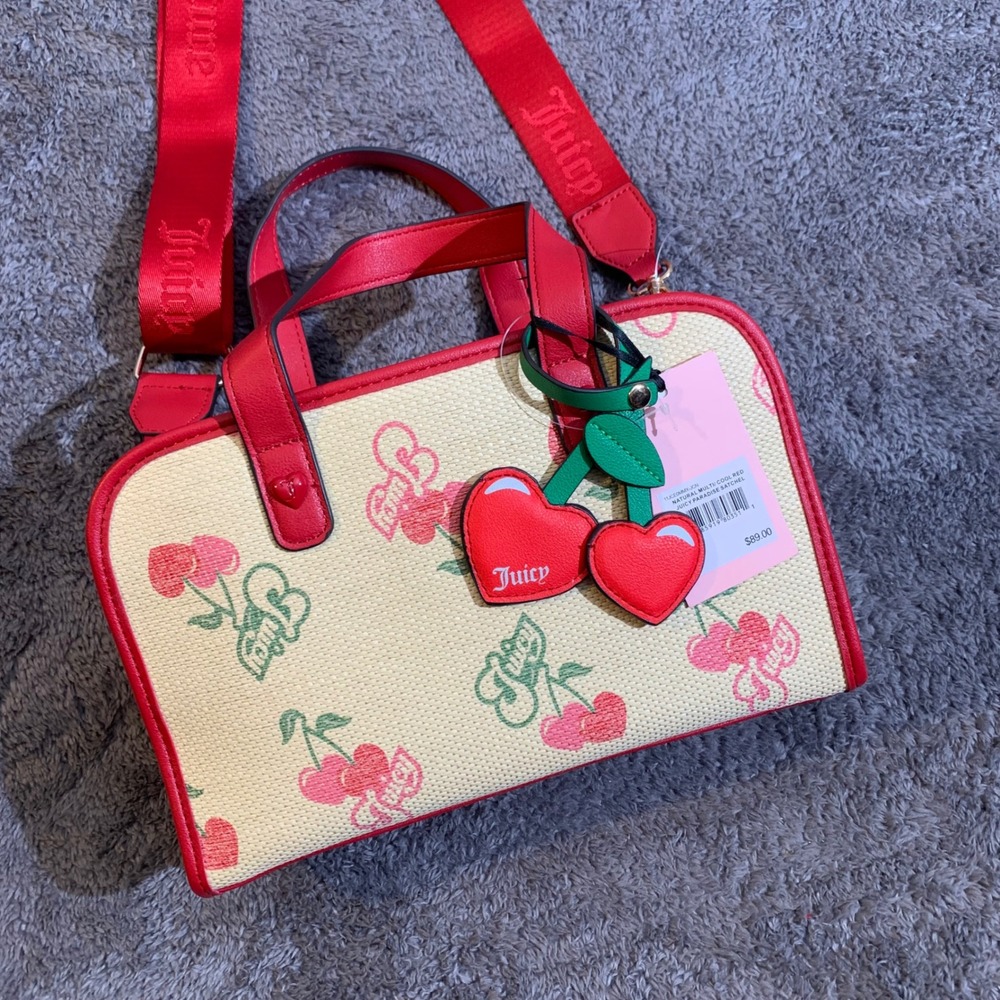 Juicy Couture Paradise Satchel Bag Cherry Print Red Straw Crossbody NEW